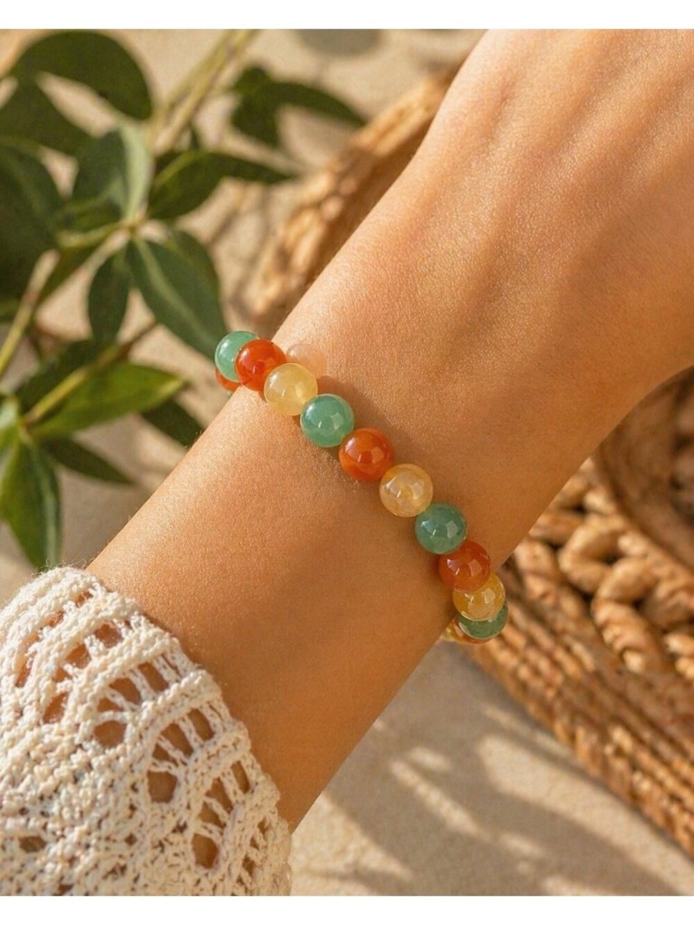 Multicolor Quartz Stone Bead Stretch Bracelet Green Orange Yellow Gemstone